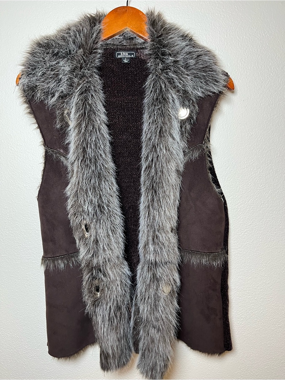 Lisa International Dark Brown Vest with Gray Faux Fur Trim